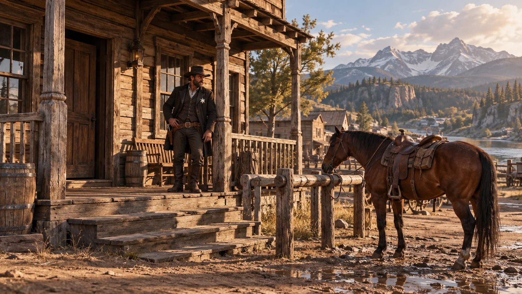 A frontier lawman outside a sheriff office